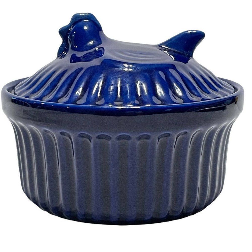 Temptations by Tara Cobalt Blue hen chicken covered Ramekin Chicks Ceramic